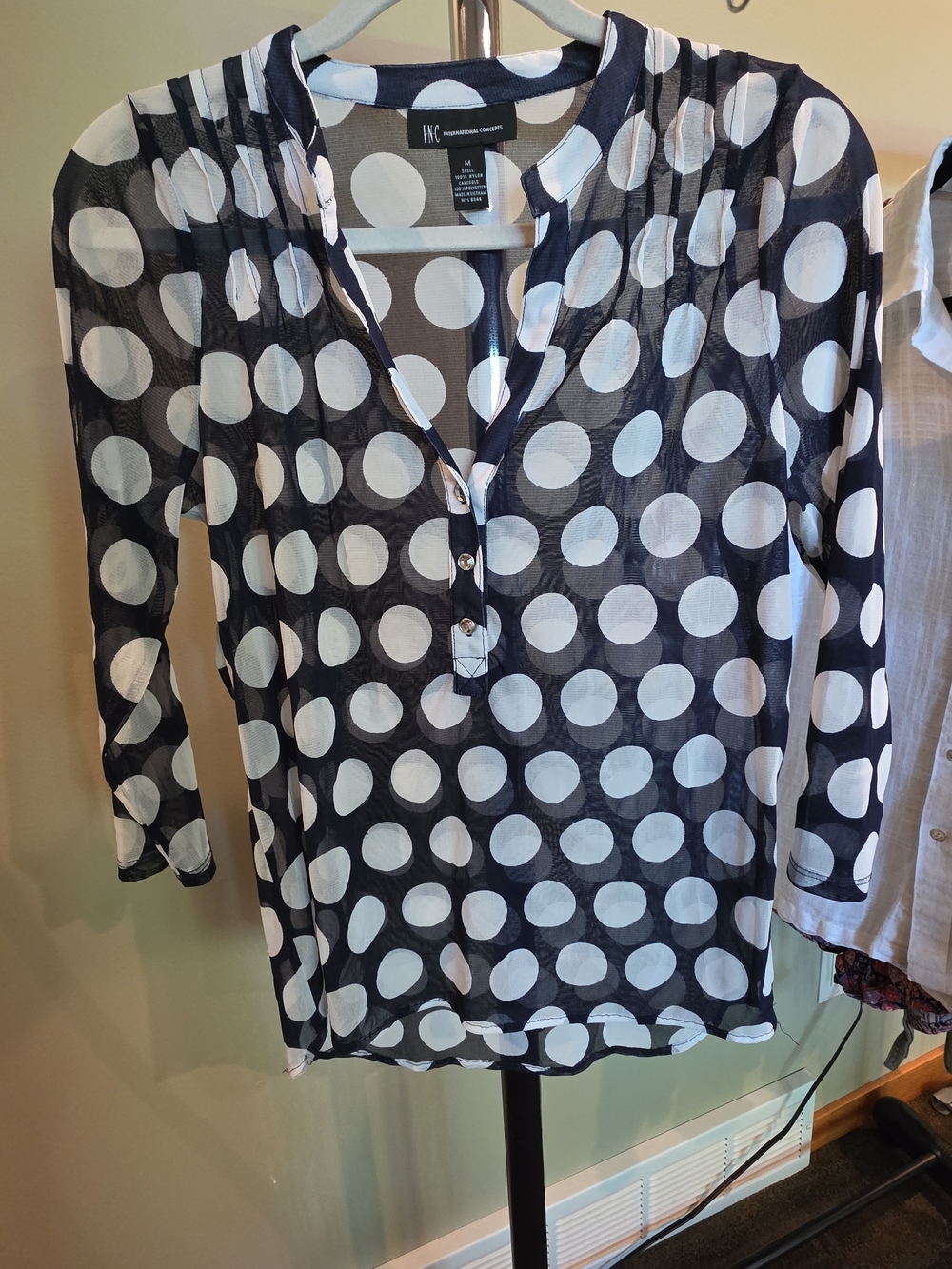 INC International Concepts Navy and White Polka Dot Blouse